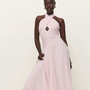 Reformation pale powder pink halter drop waist Cari midi dress - 6 (Small)